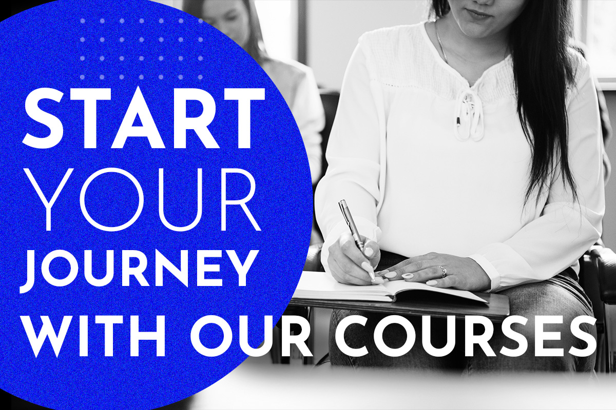 A focused individual in a learning environment writes notes, with text overlay "START YOUR JOURNEY WITH OUR COURSES," promoting a Certified Spiritual Life Coach program.