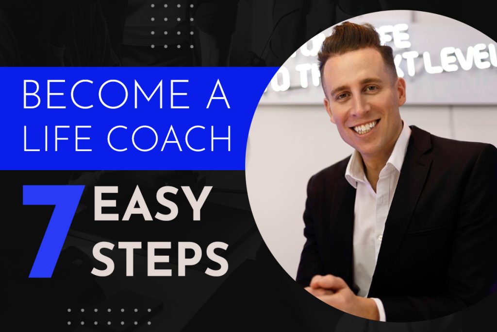 Smiling person in a suit promoting a guide to becoming a life coach in 7 easy steps.
