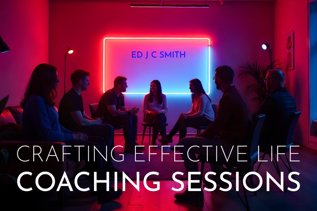 A group of people engaged in an interactive life coaching session in a neon-lit room.