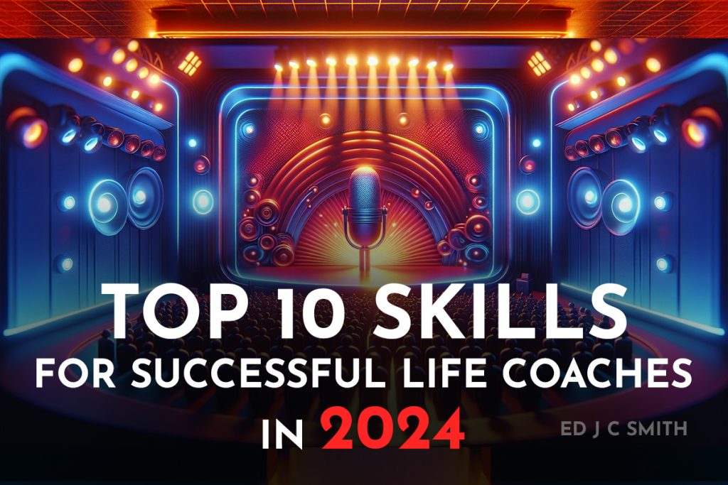Top 10 Skills for a Successful Life Coach in 2024, presented on a stage with vibrant lighting and a microphone in the center.
