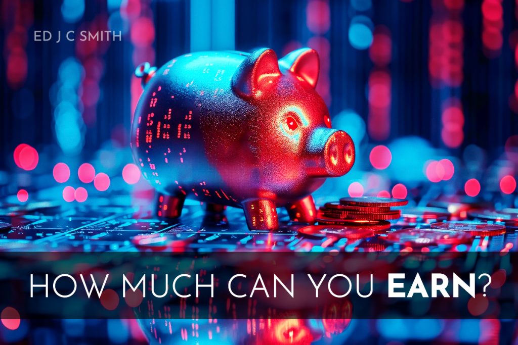 A glowing piggy bank surrounded by digital lights and coins, symbolizing financial growth and potential earnings. Certified Life Coach Salary