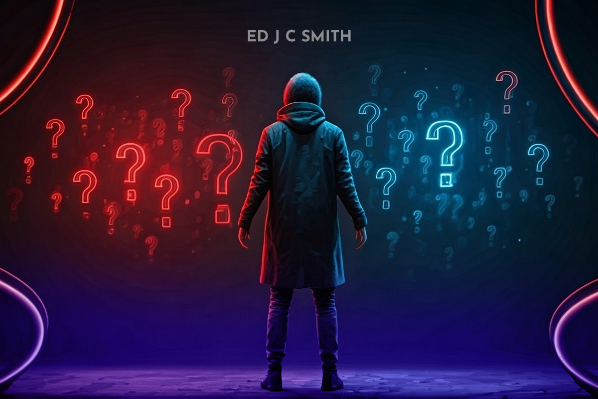 A person standing between glowing red and blue question marks, symbolizing decision-making and duality. Stop Comparing Yourself