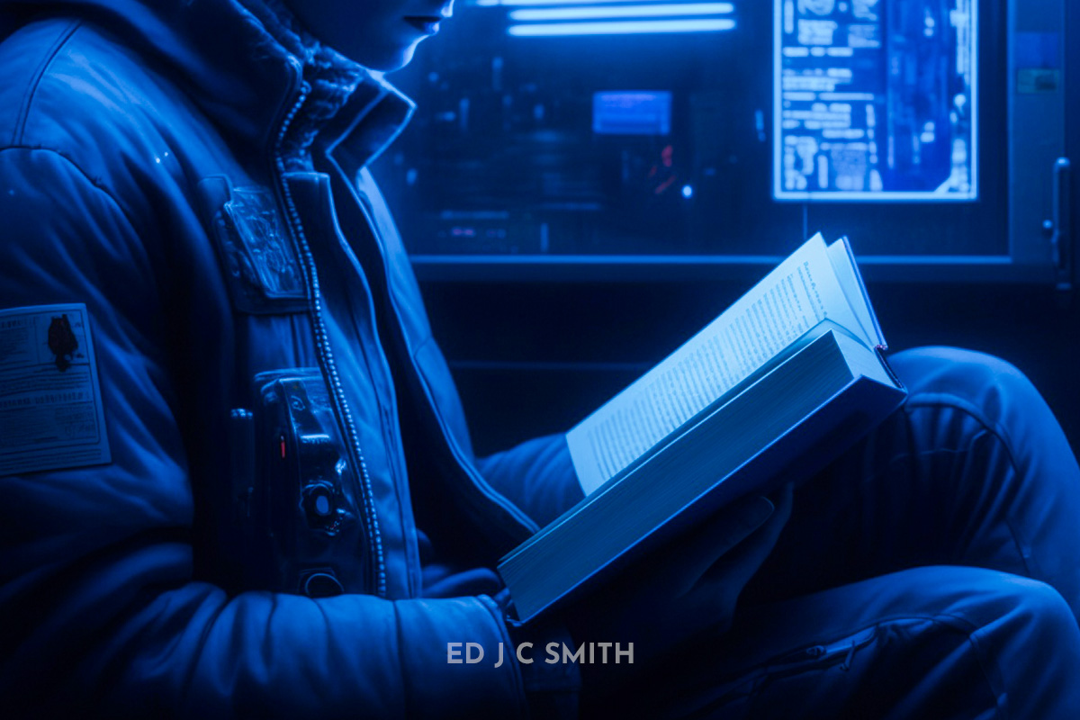 A person in a futuristic jacket reading a book in a neon-lit room, surrounded by glowing blue screens.