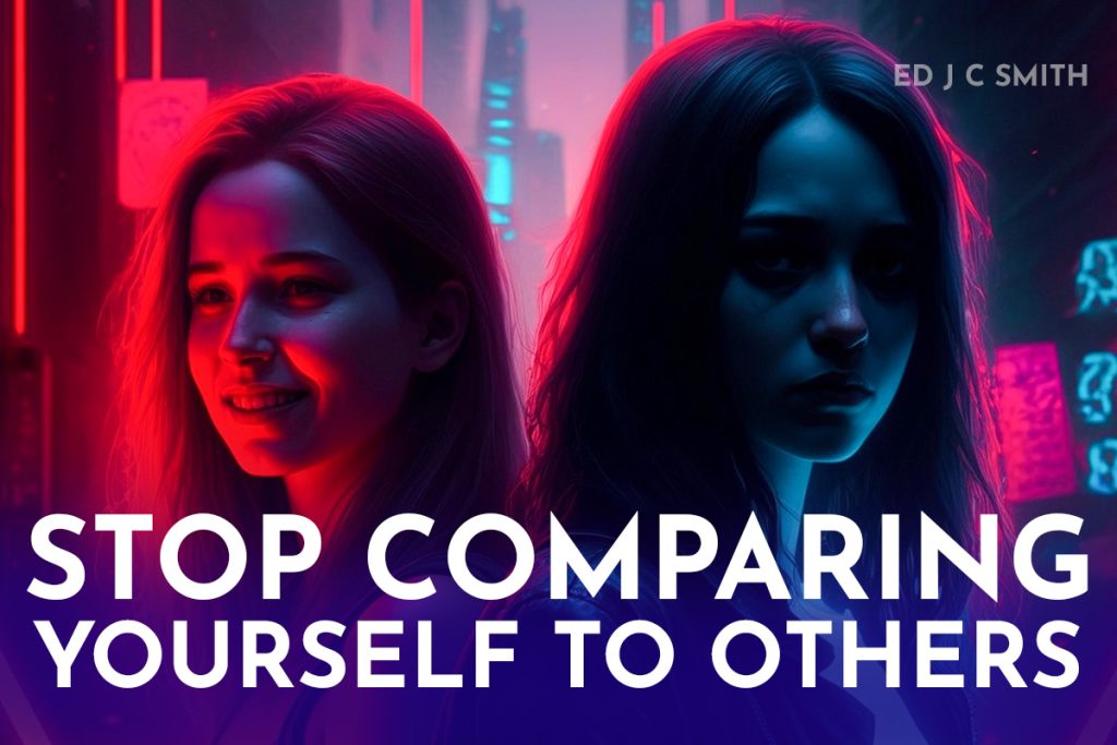 Two women with contrasting expressions under neon lights, highlighting the message "Stop Comparing Yourself to Others."