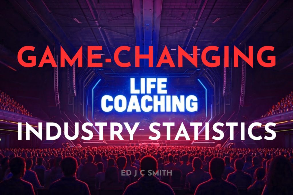 Game-changing life coaching industry statistics displayed on a futuristic stage with a crowd in a large auditorium.