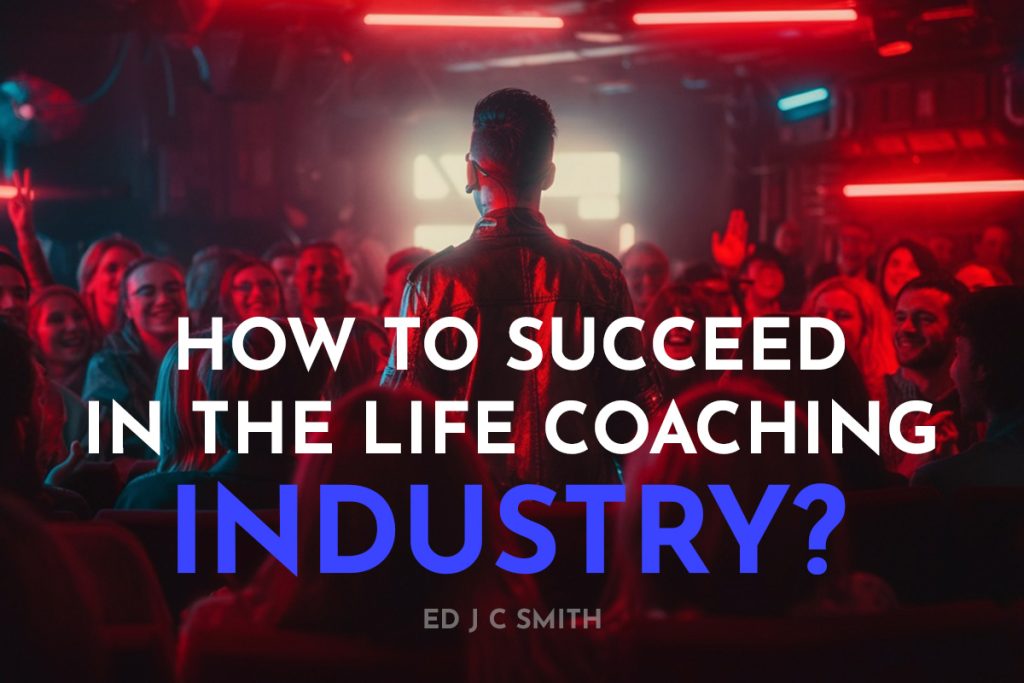 How to succeed in the life coaching industry presented with a speaker addressing a vibrant audience.