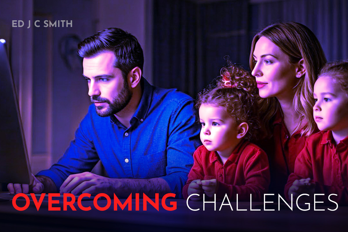 A focused family of four, including two parents and two young children, sitting together and looking at a computer screen with determination. The text overlay reads "Overcoming Challenges," with "Ed J C Smith" in the corner.