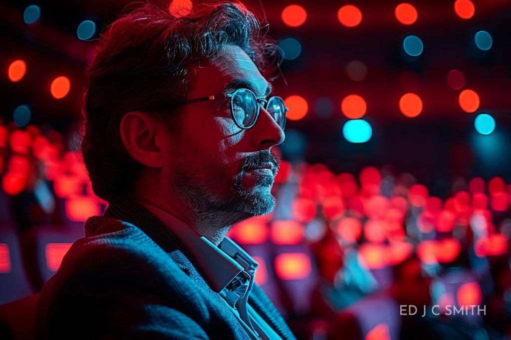 Certified Life Coach Salary. A thoughtful man in glasses and a blazer sits in a brightly lit conference hall, surrounded by glowing red and blue lights, symbolizing focus and inspiration.