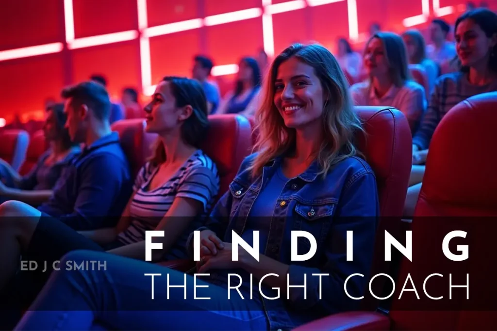 A smiling woman seated in a vibrant seminar setting surrounded by attentive attendees.