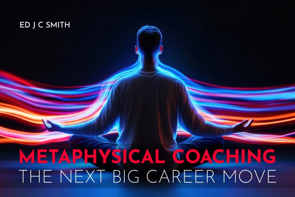 Metaphysical Coaching: A person meditating in a seated position surrounded by vibrant, flowing light trails in blue and red hues.