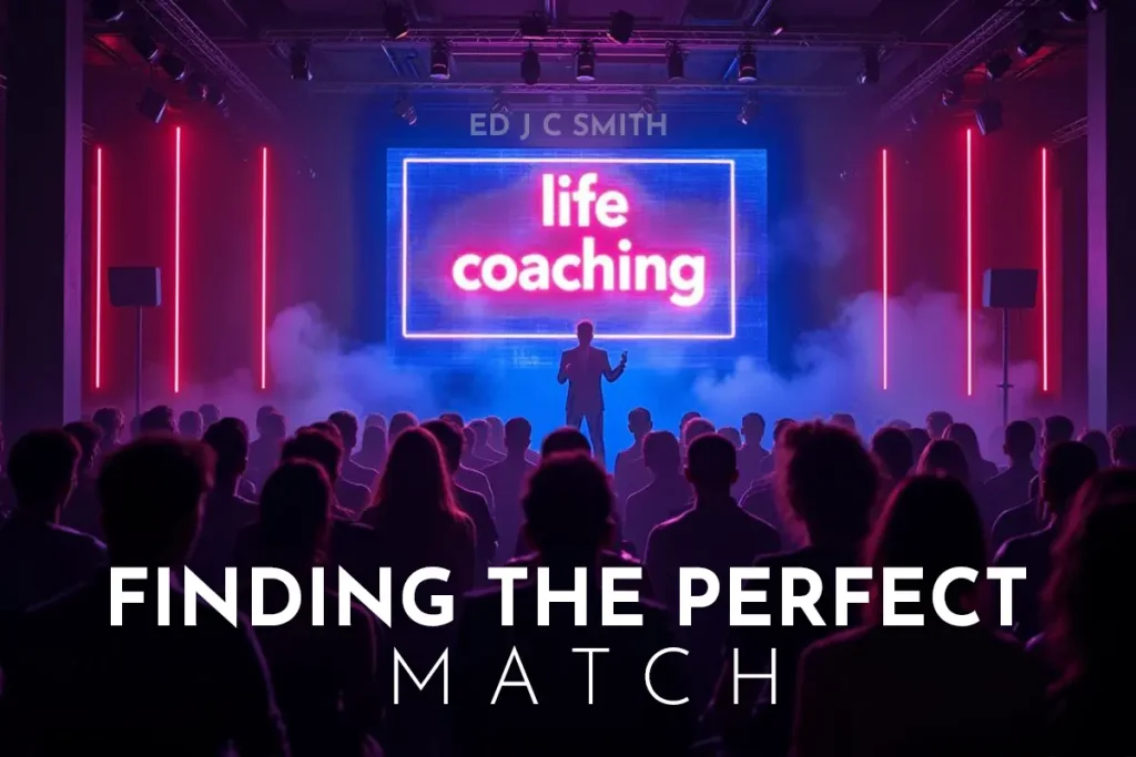 Online Life Coach: A seminar setting with a speaker presenting life coaching under vibrant neon lights and a smoky atmosphere.