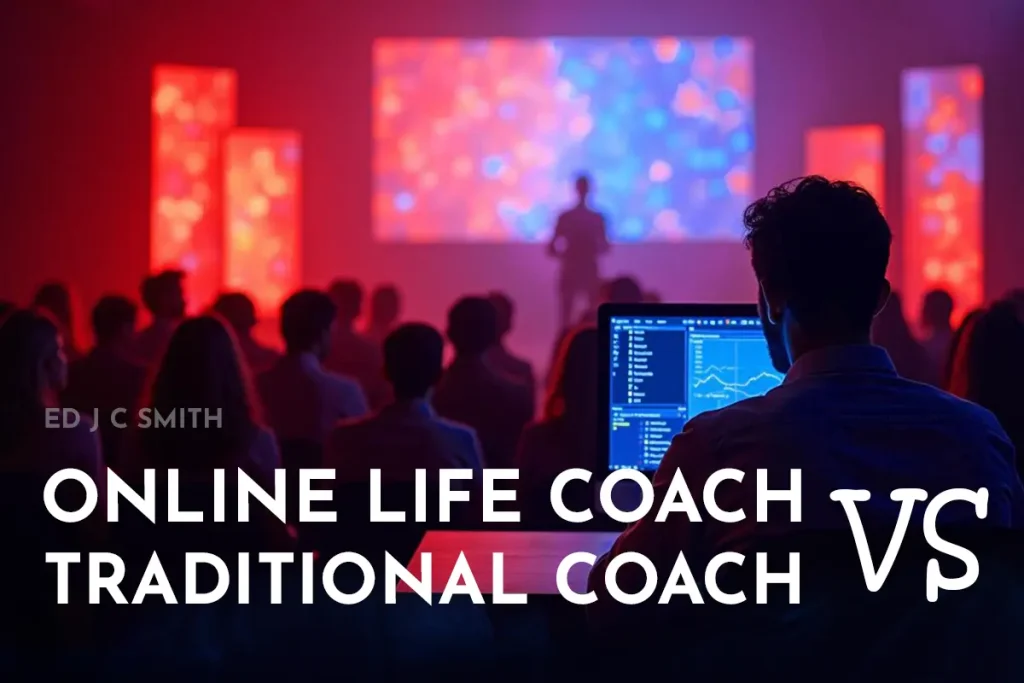 Online Life Coach: A person working on a computer analyzing data in a vibrant seminar setting with an audience and illuminated screens in the background.