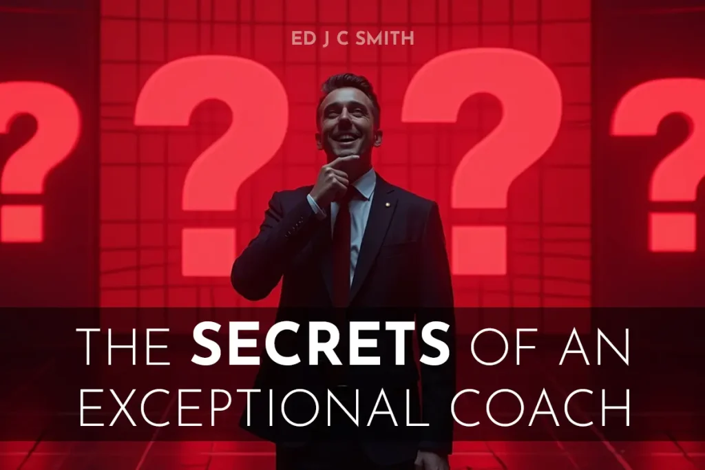 Personal Transformation Coach: A confident man in a suit standing in front of glowing red question marks, symbolizing clarity and insight.
