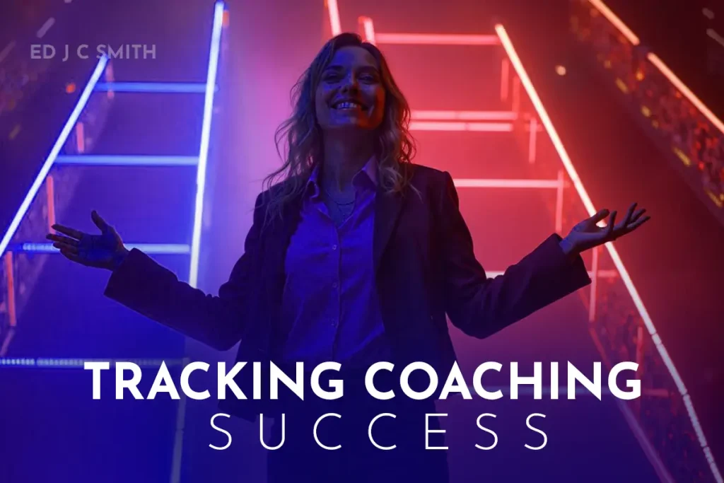Tracking Coaching Success: A smiling woman stands confidently in a vibrant setting illuminated by neon blue and red lights.
