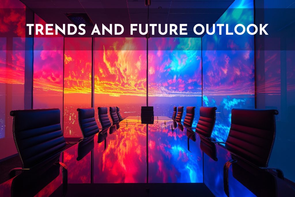 A modern boardroom with sleek chairs and vibrant digital screens displaying a dynamic sunset in red and blue tones.