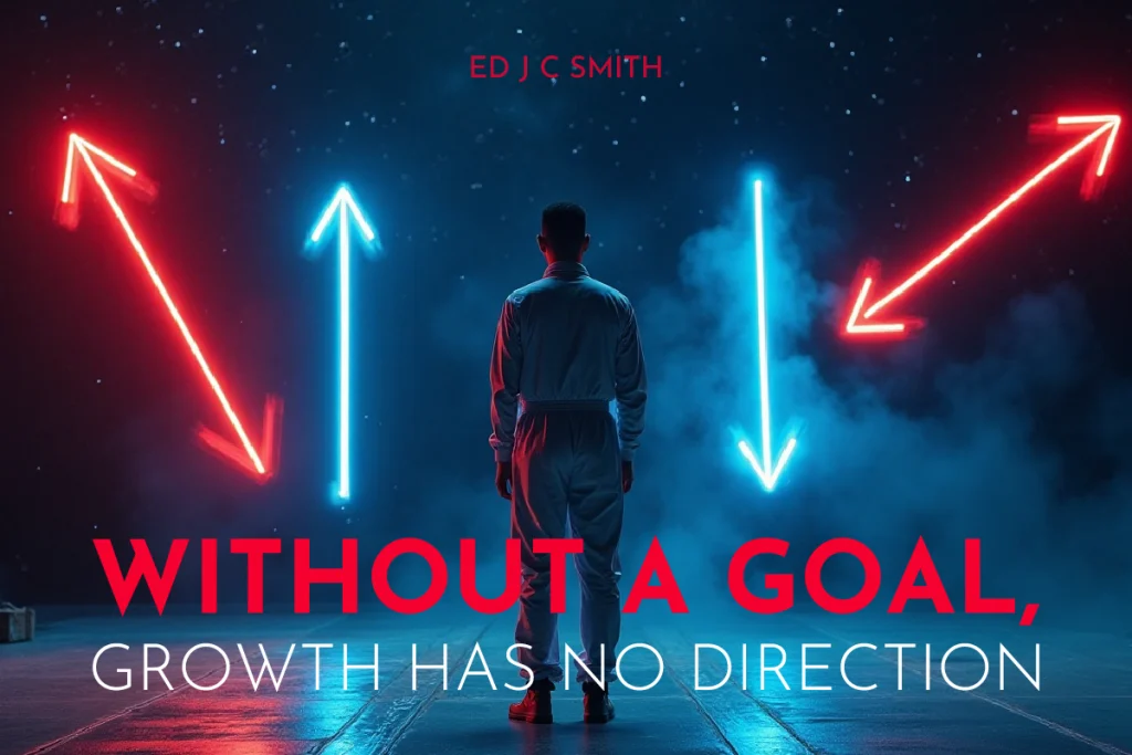 Man standing in front of neon arrows symbolizing paths, with quote: "Without a goal, growth has no direction" — perfect for illustrating Coaching Business clarity.