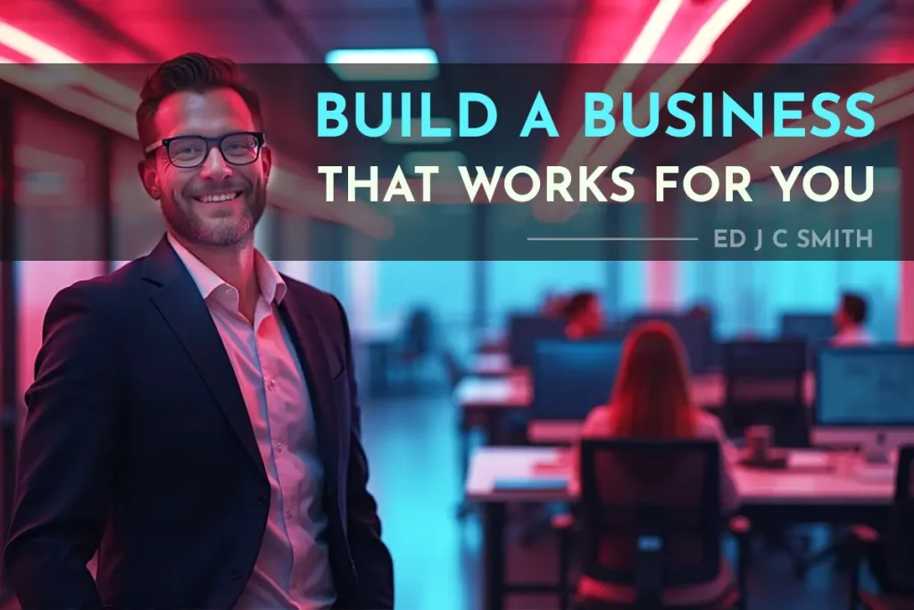 Confident professional in modern office setting promoting Coaching Lifestyle Design, with text overlay saying “Build a Business That Works for You” by Ed J C Smith