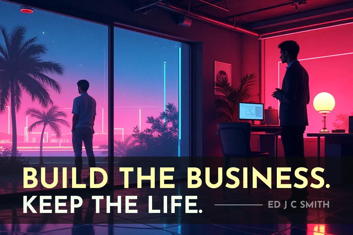Two men in a neon-lit office setting reflect on work-life balance, with the message “Build the Business. Keep the Life.” promoting Coaching Lifestyle Design by Ed J C Smith