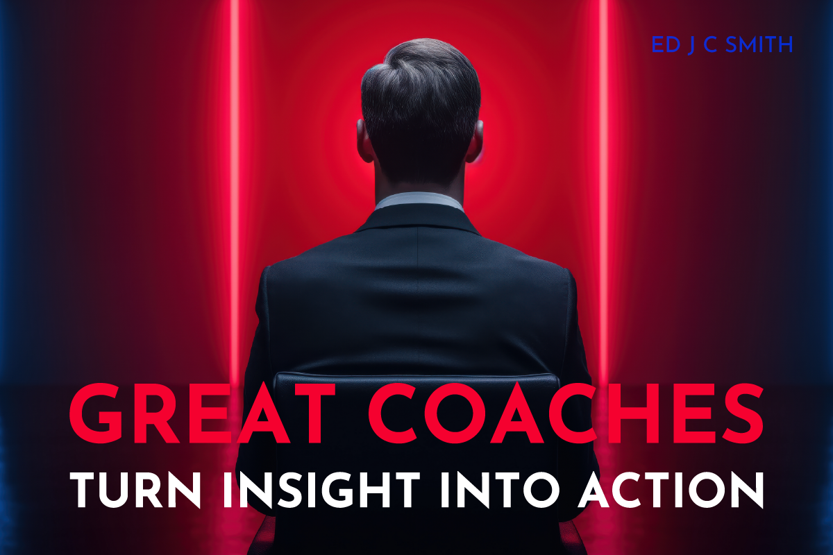 Smart Coaching Clients learning from great coaches who turn insight into action, symbolized by a man in a suit facing a red-lit path.