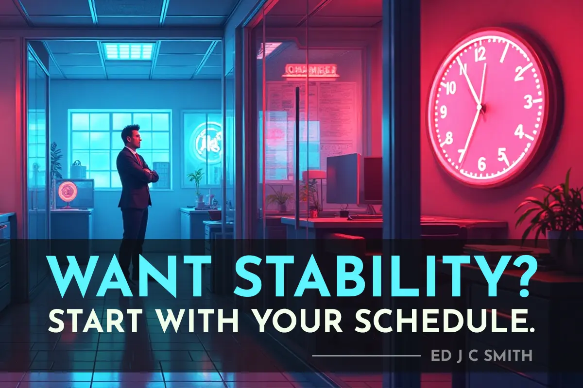 Businessman stands confidently in a neon-lit office with a glowing wall clock and text overlay that says “Want Stability? Start With Your Schedule” by Ed J C Smith