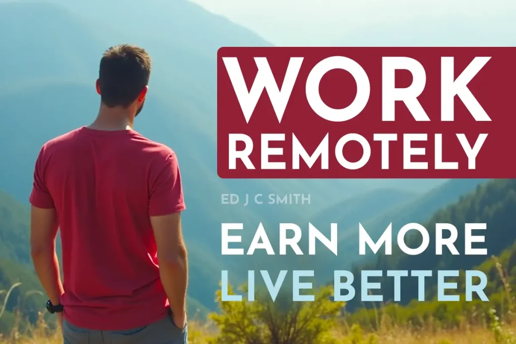 Man standing outdoors in nature, looking at distant mountain landscape with overlay text promoting best remote work opportunities—“Work Remotely, Earn More, Live Better.”