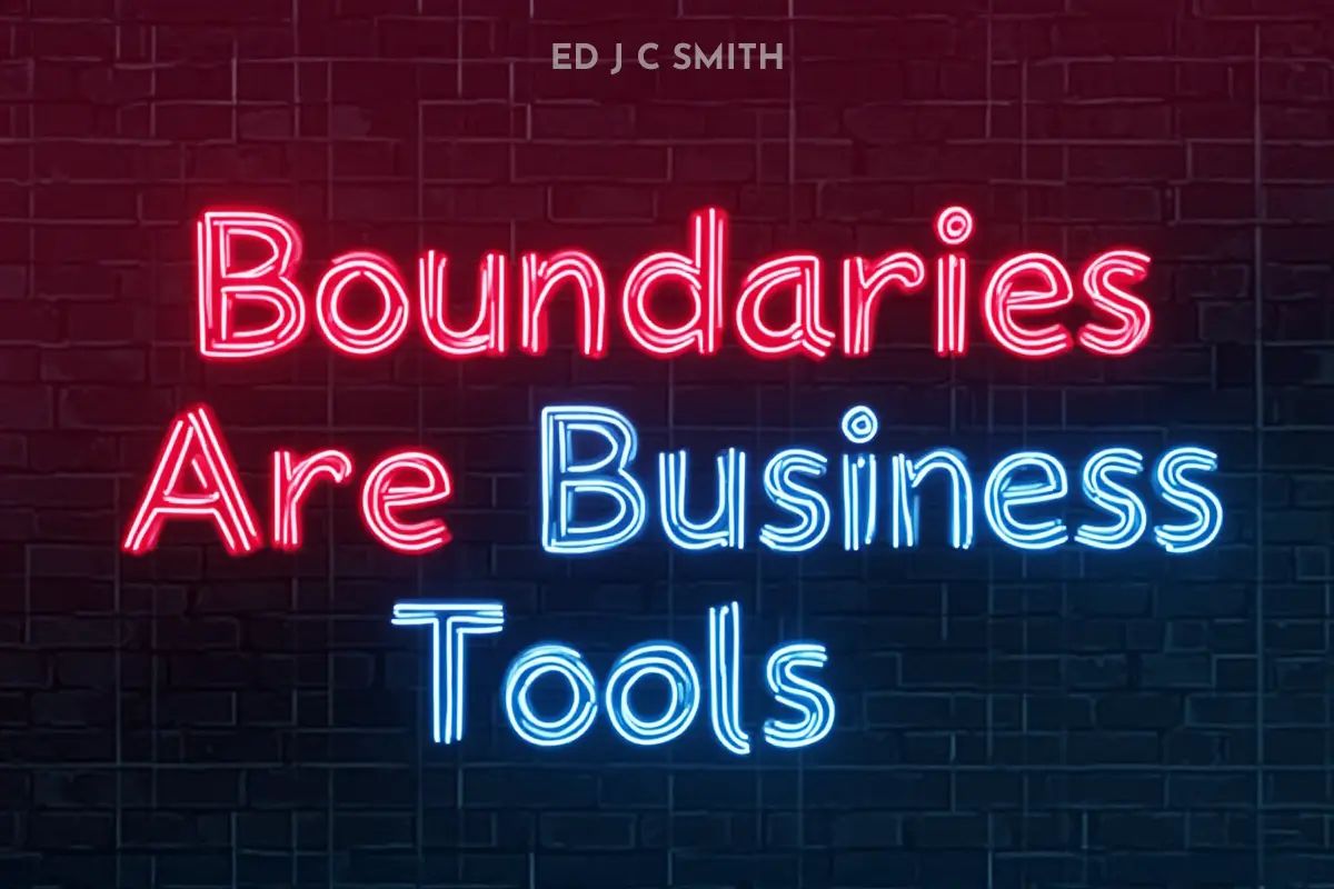 Glowing neon sign on a dark brick wall that reads “Boundaries Are Business Tools,” delivering a bold message about professional discipline and personal limits in business