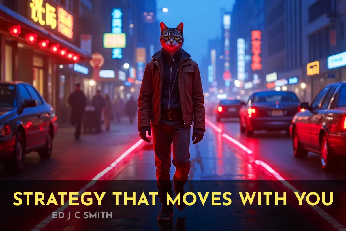 urban coaching business strategy visualized with a surreal cat-headed figure walking confidently through a neon-lit city