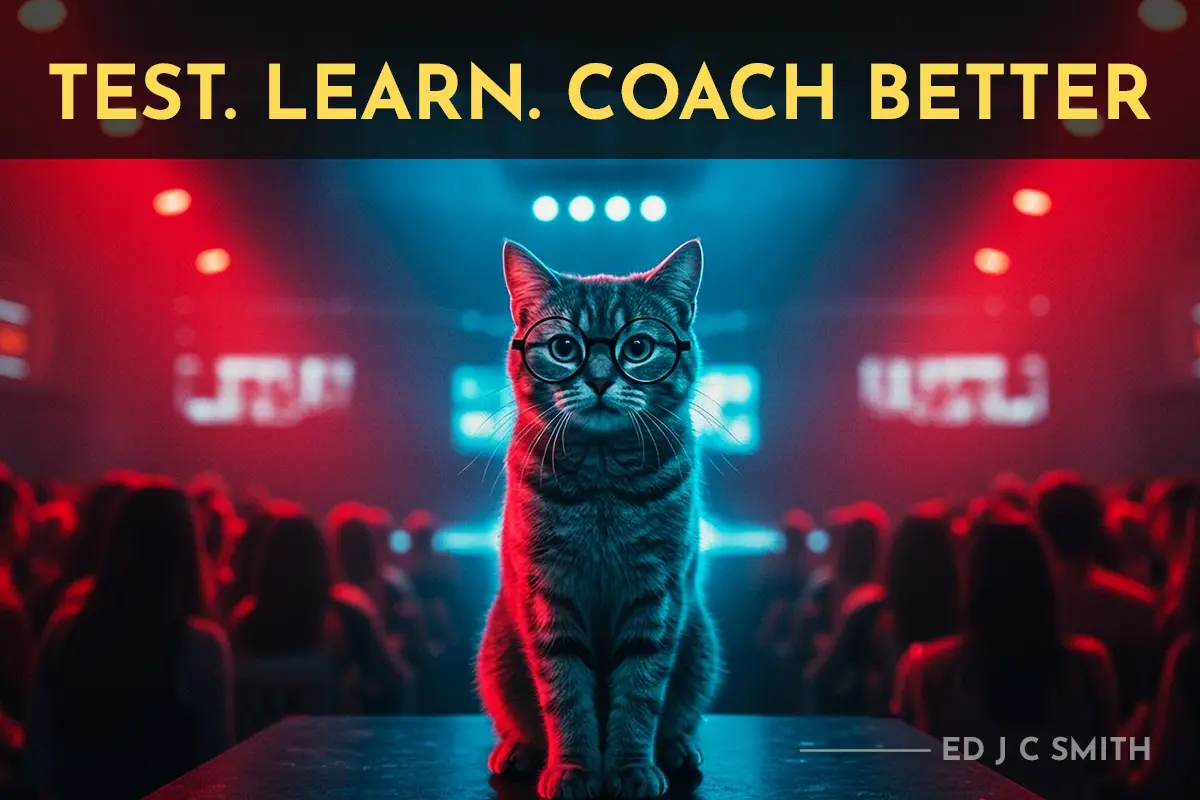cat with glasses on stage under neon lights representing growth through testing and learning in coaching