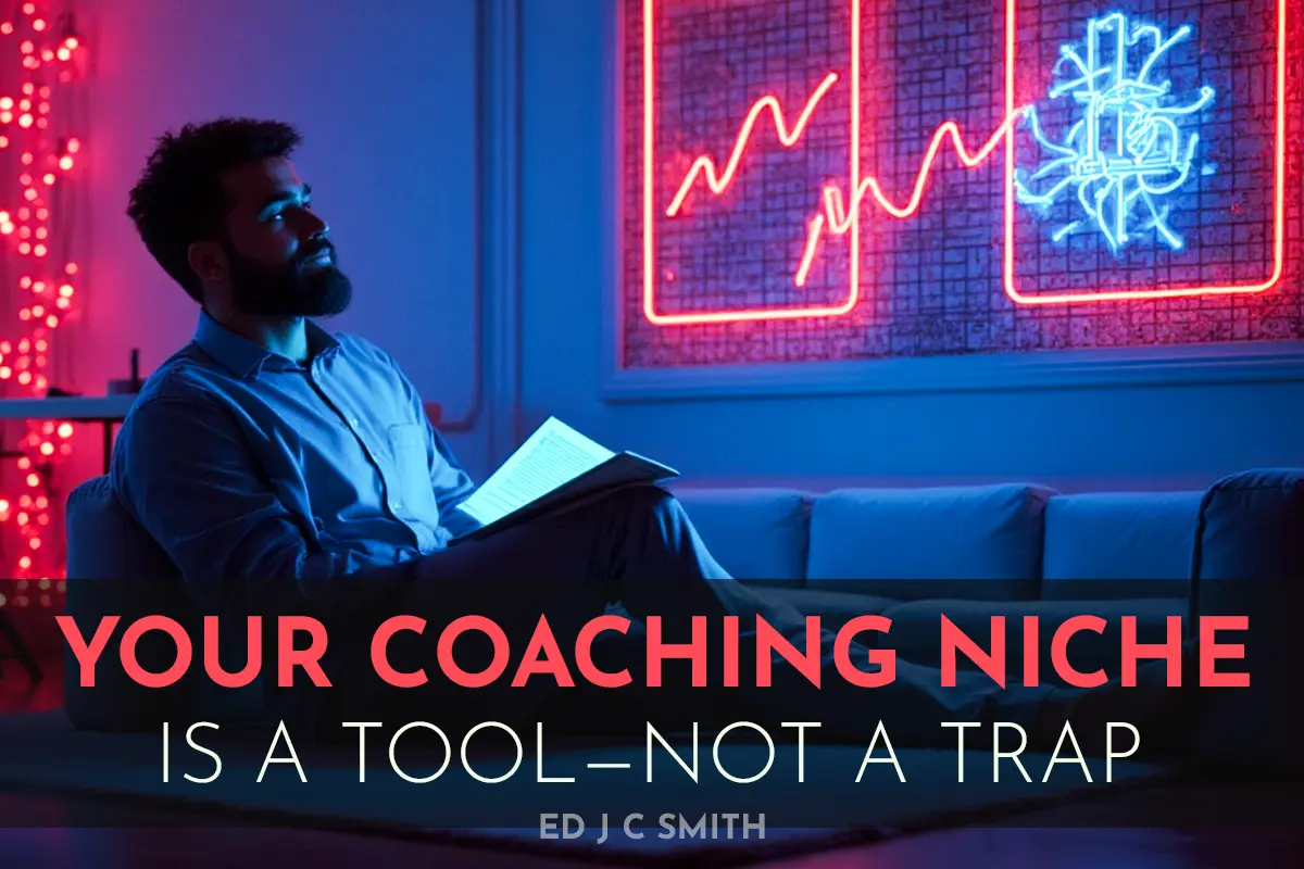Man reflecting in a neon-lit room while reading, emphasizing the idea that your coaching niche is a tool—not a trap