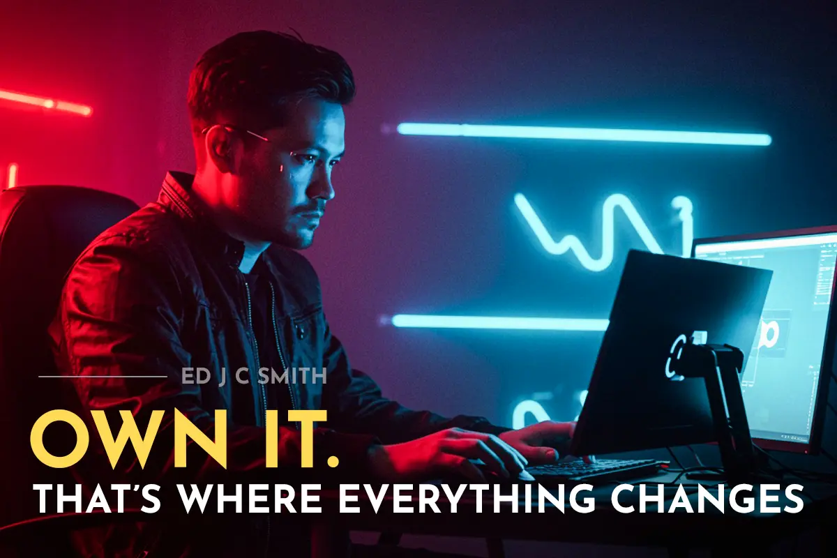 focused man in neon-lit workspace typing with intent, symbolizing the power of ownership and personal responsibility