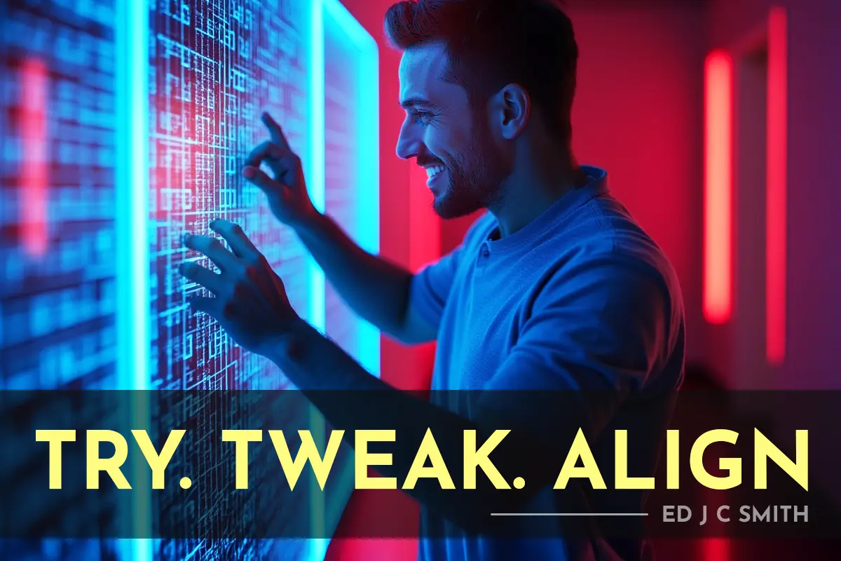 Smiling man interacting with a glowing digital wall, symbolizing a process of innovation and refinement