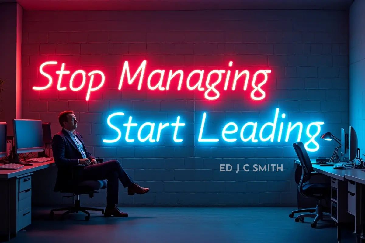 Professional man seated in a dark office, gazing at a neon wall sign that reads “Stop Managing, Start Leading,” highlighting a powerful message on time management for coaches