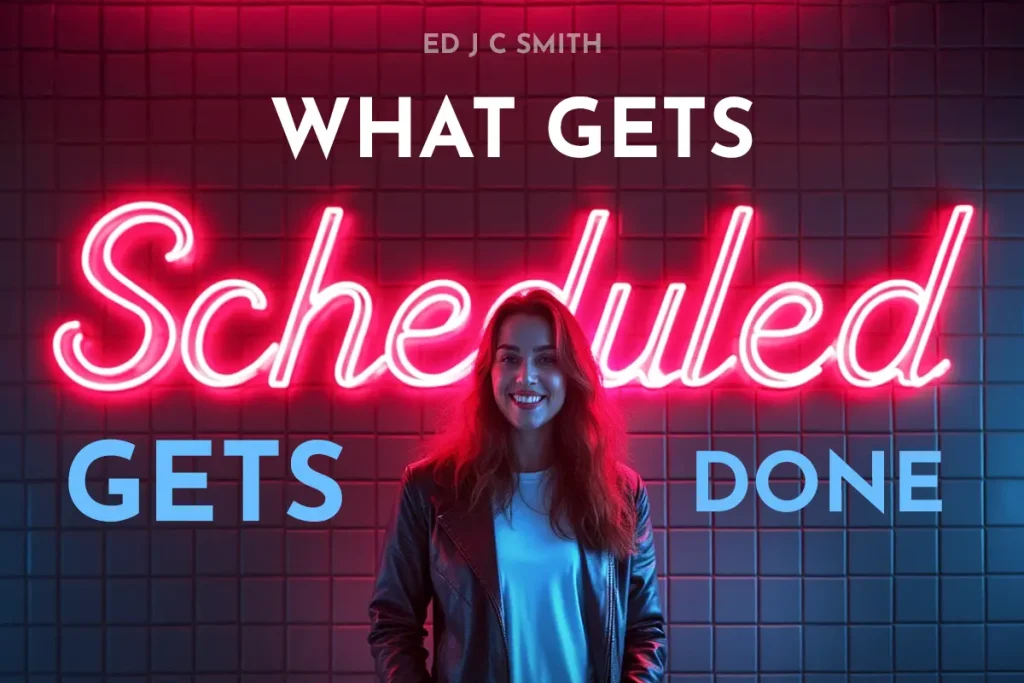 Confident female coach smiling in front of a glowing neon sign that reads “What gets scheduled gets done,” emphasizing the importance of time management for coaches