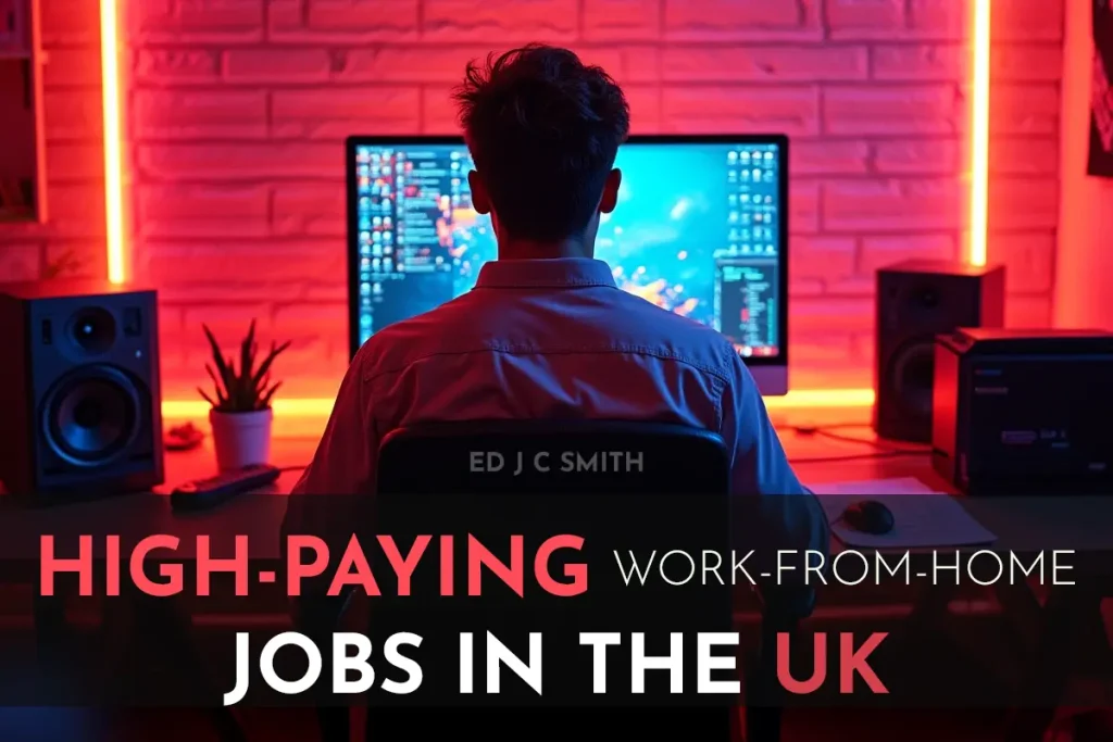 Man in a modern home office setup illuminated by red LED lighting, working on a large screen—ideal for showcasing high-paying Work from Home Jobs UK opportunities
