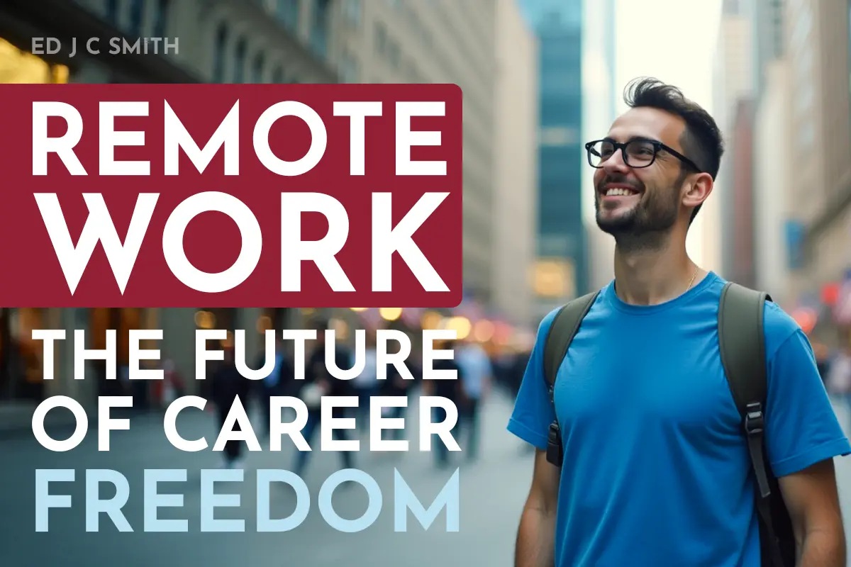 Smiling man with backpack walking through a city street, with overlay text reading “Remote Work: The Future of Career Freedom.”