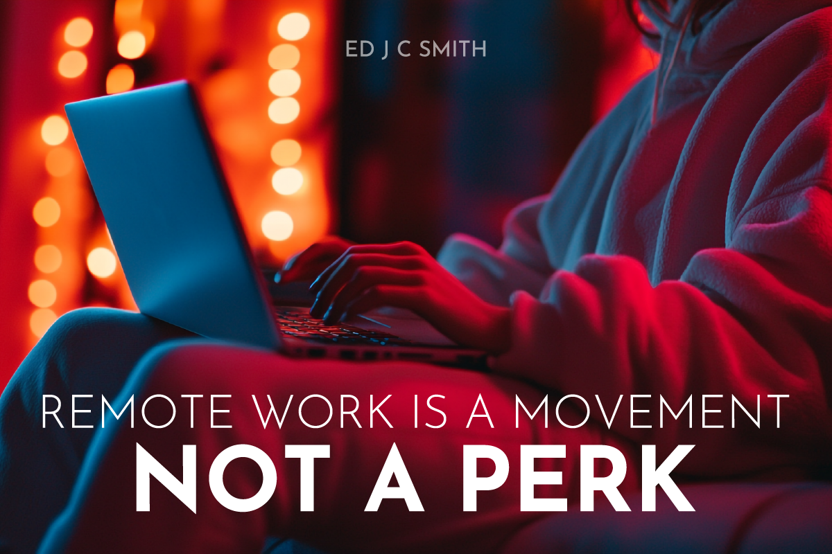 Man working remotely from a modern high-rise office, overlooking a city skyline at dusk, with the phrase "Work Remotely. Earn Steadily. Live Fully" promoting Remote Jobs UK.