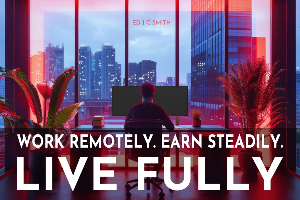 Man working remotely from a modern high-rise office, overlooking a city skyline at dusk, with the phrase "Work Remotely. Earn Steadily. Live Fully" promoting Remote Jobs UK.