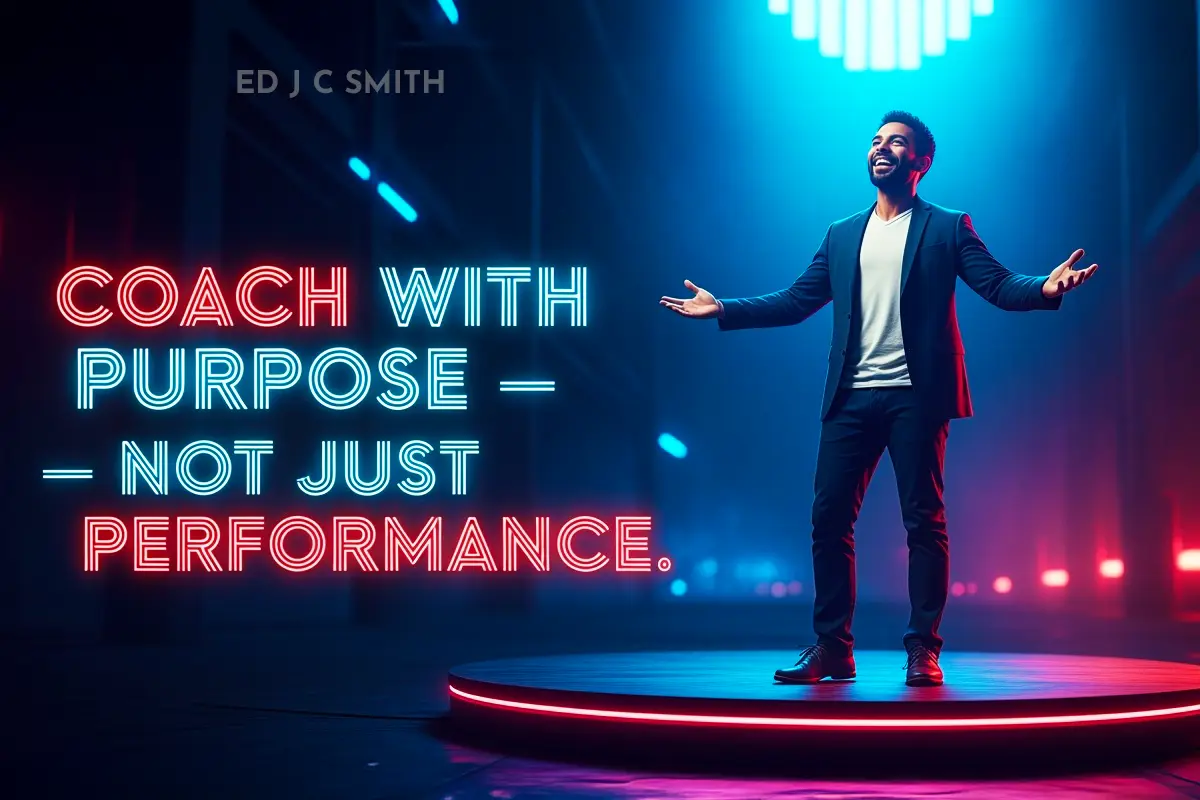 Man standing confidently on a glowing circular stage with open arms, surrounded by vibrant blue and red lights, next to neon-style text reading “Coach with purpose — not just performance.”
