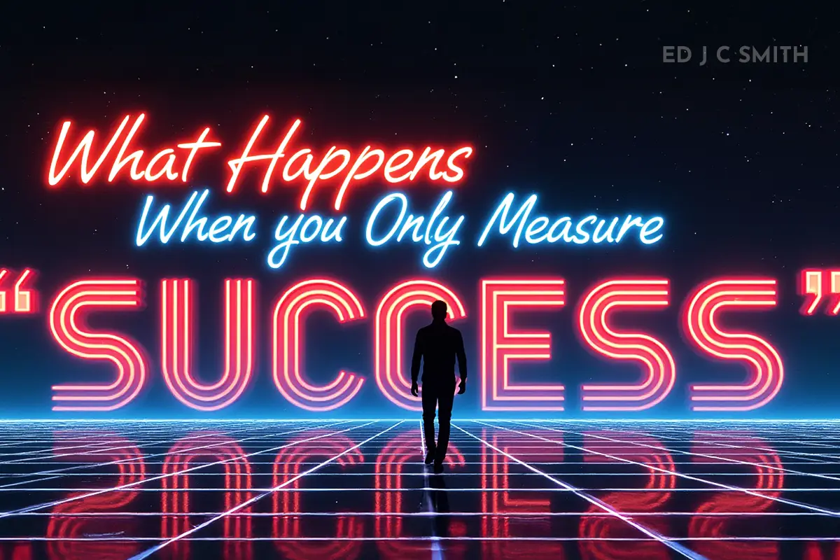 Silhouette of a man walking toward large glowing neon text reading “What Happens When You Only Measure 'Success',” with a futuristic grid floor and night sky backdrop — illustrating the limitations of measuring Coaching Success by external metrics alone.