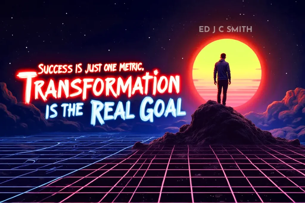 Man standing on a rocky peak at sunset gazing toward a glowing horizon, with neon-style text that reads “Success is just one metric. Transformation is the real goal” — representing a deeper meaning of Coaching Success beyond traditional results.