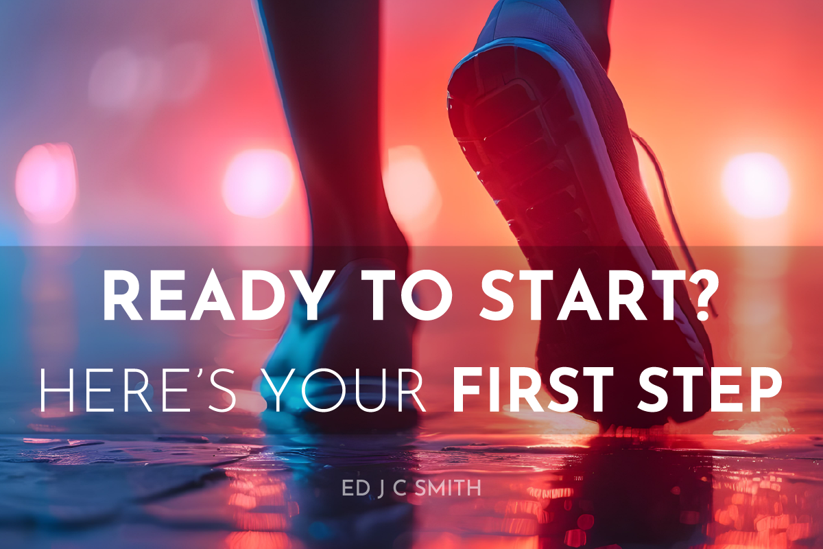Person taking the first step forward in running shoes on a wet reflective surface with motivational lighting, symbolizing commitment and new beginnings.