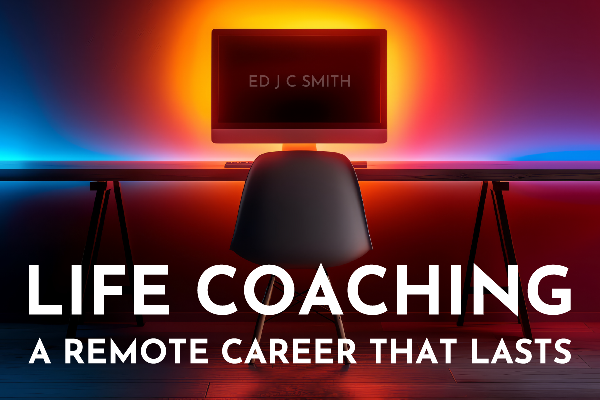 Minimalist home office setup with a glowing monitor and empty chair, highlighting the message "Life Coaching: A Remote Career That Lasts."
