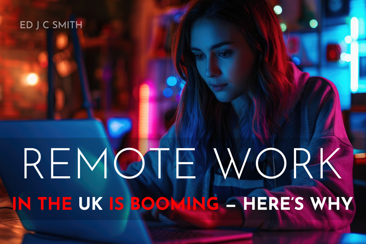 Young woman working on a laptop in a colorful home office setup, representing the rise of remote work opportunities and the best at home jobs in UK.