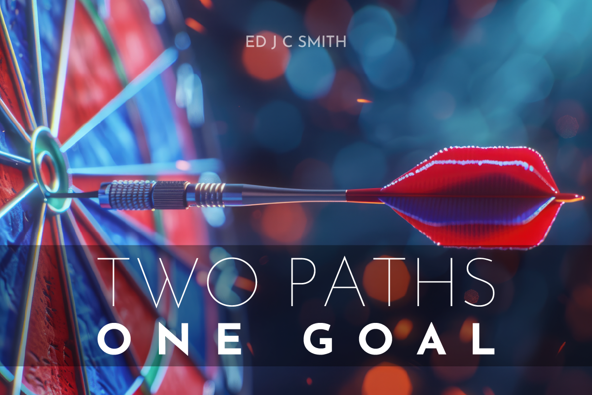 A red dart hits the bullseye of a colorful dartboard, symbolizing focus, precision, and achieving a single goal through different approaches.