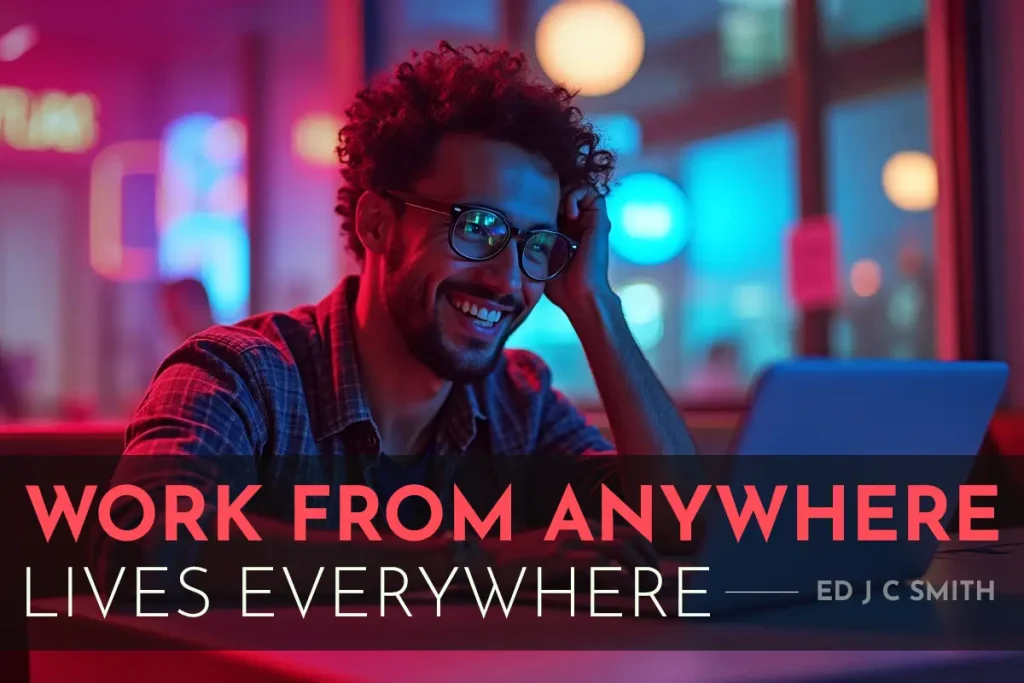 best remote work opportunities shown by a smiling man using a laptop in a neon-lit cafe, work from anywhere vibe