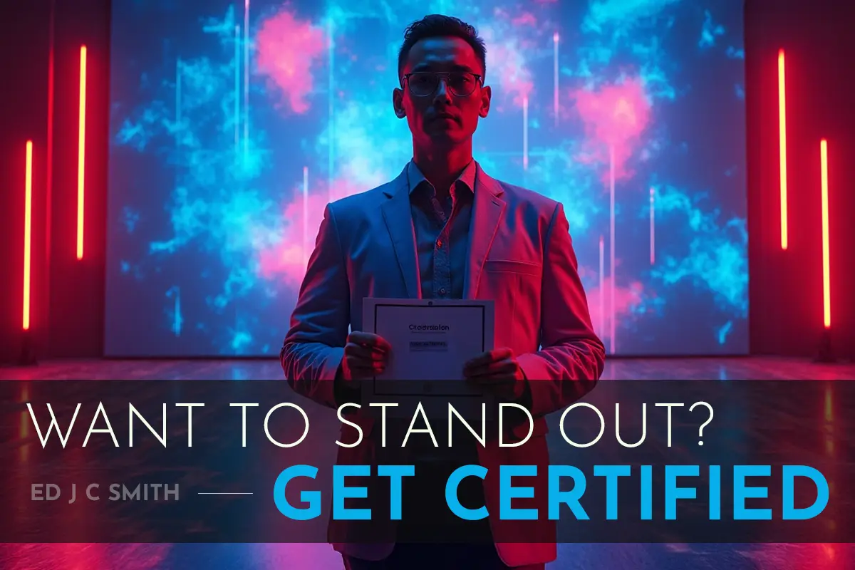 best remote work opportunities highlighted by a professional holding a certification on a neon-lit stage, stand out and get certified