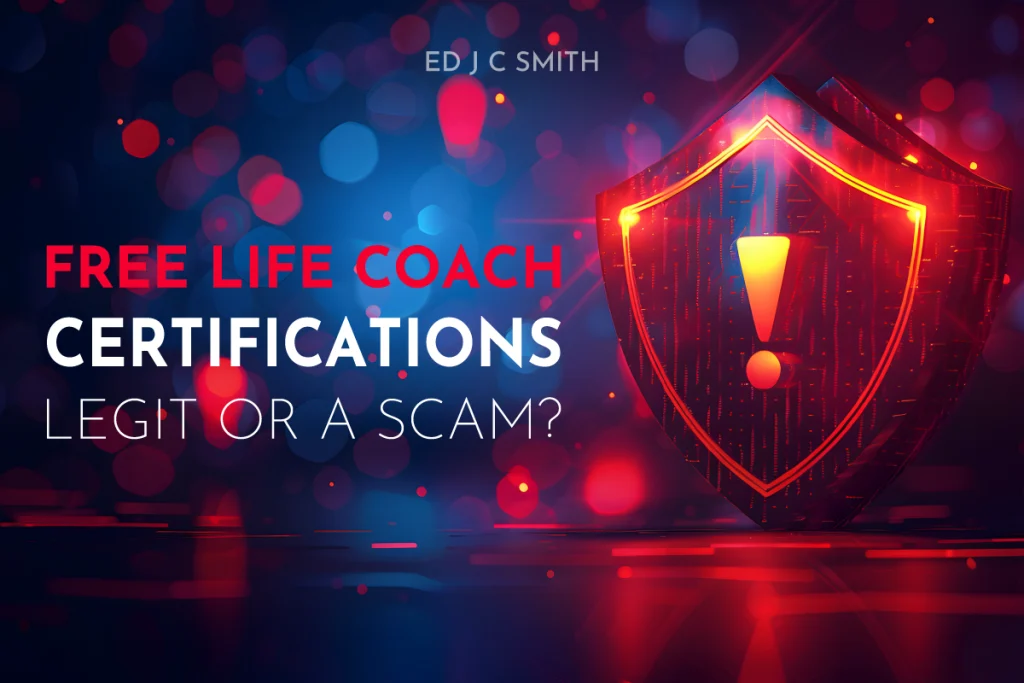 A glowing red and blue digital shield with an exclamation mark stands beside bold text that reads: "Free Life Coach Certifications – Legit or a Scam?" with the author's name, Ed J C Smith, at the top.