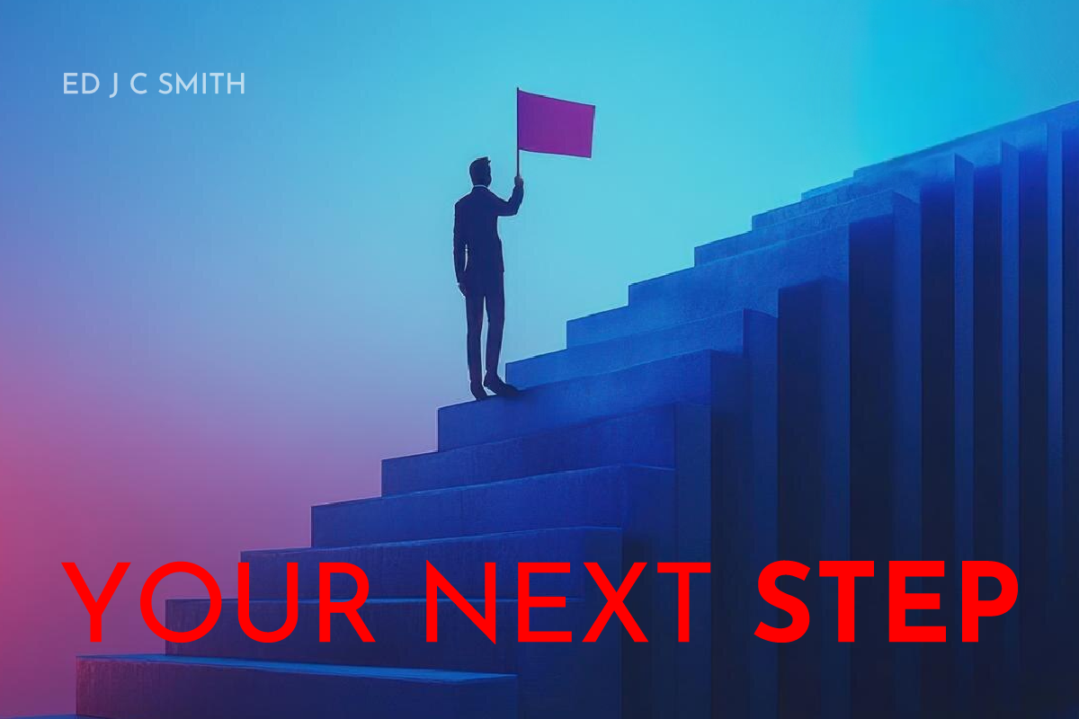A silhouetted figure holding a red flag stands atop a large staircase, symbolizing achievement and the journey toward reaching personal or professional goals.