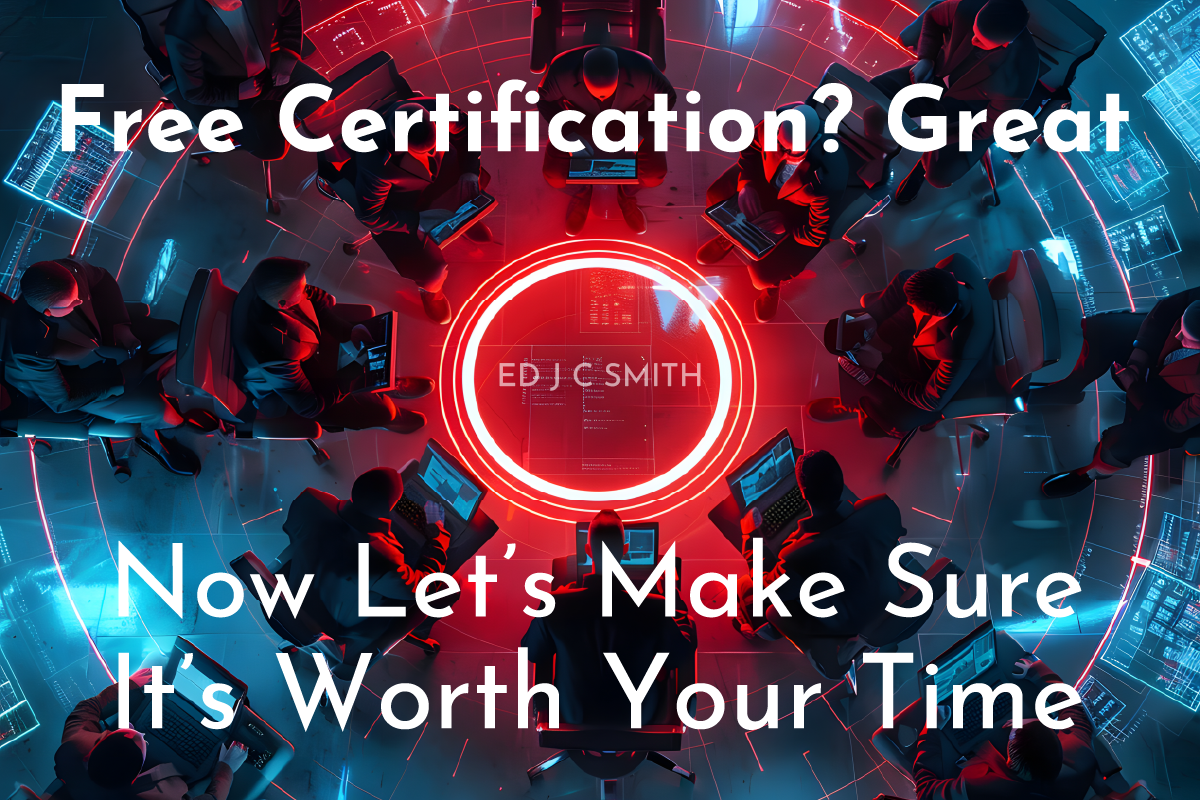 Futuristic top-down view of professionals working on laptops around a glowing digital red circle, with bold text that reads: "Free Certification? Great. Now Let’s Make Sure It’s Worth Your Time" and the author's name, Ed J C Smith, inside the central circle.