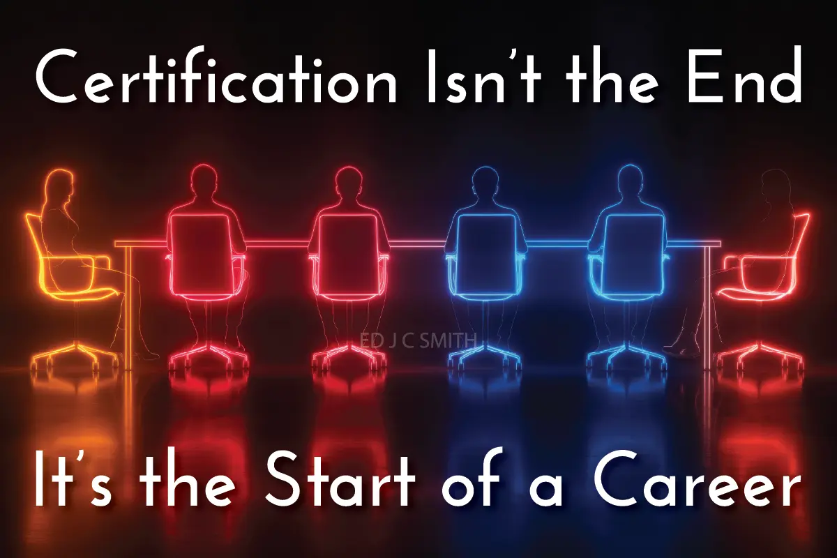 Life Coach Certification Program represented by neon-outlined chairs and figures, symbolizing certification as the beginning of a professional career journey.